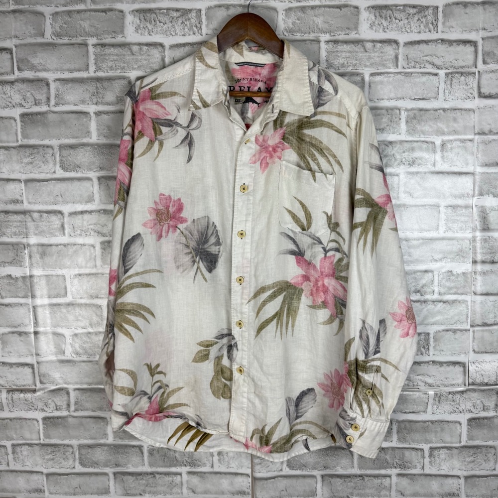Tommy Bahama Relax Mens Large White Floral Linen Long Sleeve Button Down Shirt